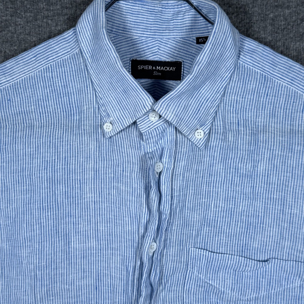 Spier & Mackay Shirt Mens 15.5 Blue White Striped Slim 100% Linen Button Down